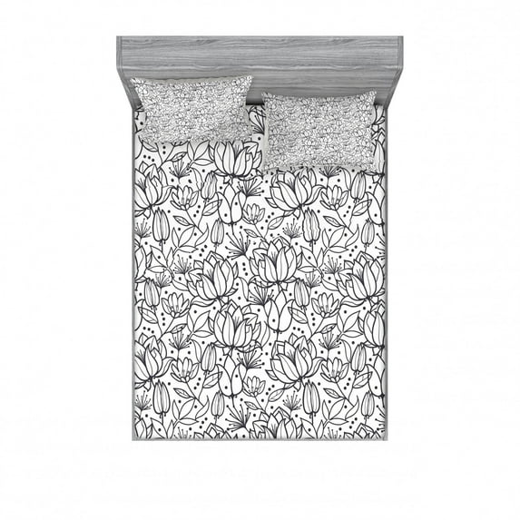 Ambesonne Black White Fitted Sheet & Pillow Sham Set, Orchid Flowers Leaf, Full, Charcoal Grey White