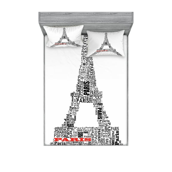 Ambesonne Black White Fitted Sheet & Pillow Sham Set, Paris France Tour, Full, Black White