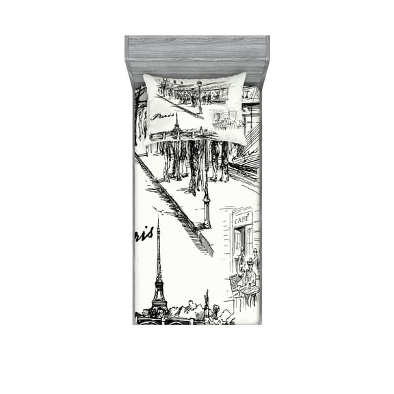 Ambesonne Black White Fitted Sheet & Pillow Sham Set, Retro Sketchy Paris, Twin, White Black
