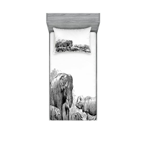 Ambesonne Black White Fitted Sheet & Pillow Sham Set, Savannah Animals Sketch, Twin, White and Black