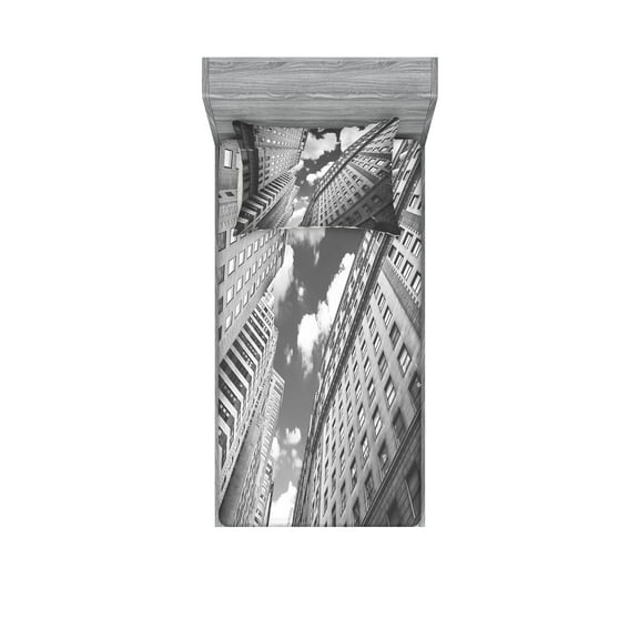 Ambesonne Black White Fitted Sheet & Pillow Sham Set, Sky in Manhattan, Twin, Black and White