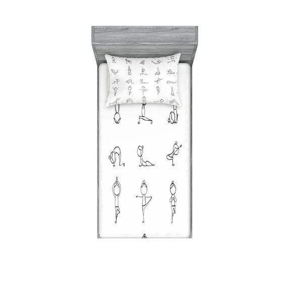 Ambesonne Black White Fitted Sheet & Pillow Sham Set, Stickman Yoga Moves, Twin, Black White