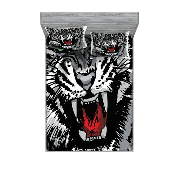 Ambesonne Black White Fitted Sheet & Pillow Sham Set, Tiger Roars, Queen, White Black Grey
