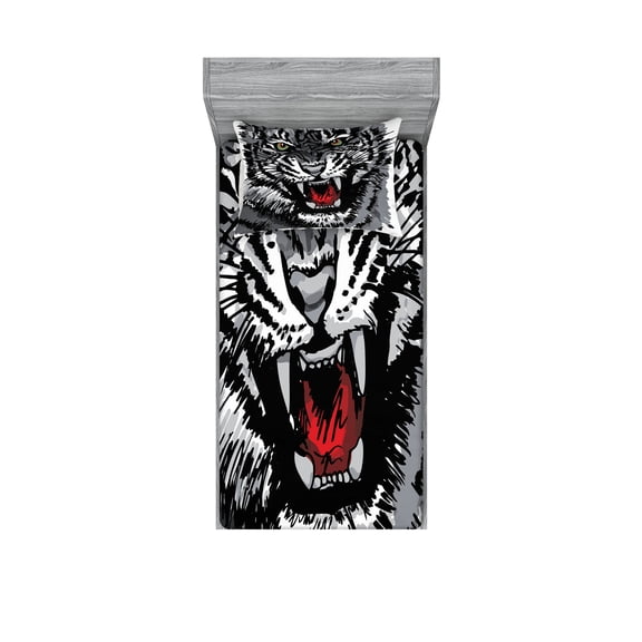 Ambesonne Black White Fitted Sheet & Pillow Sham Set, Tiger Roars, Twin, White Black Grey