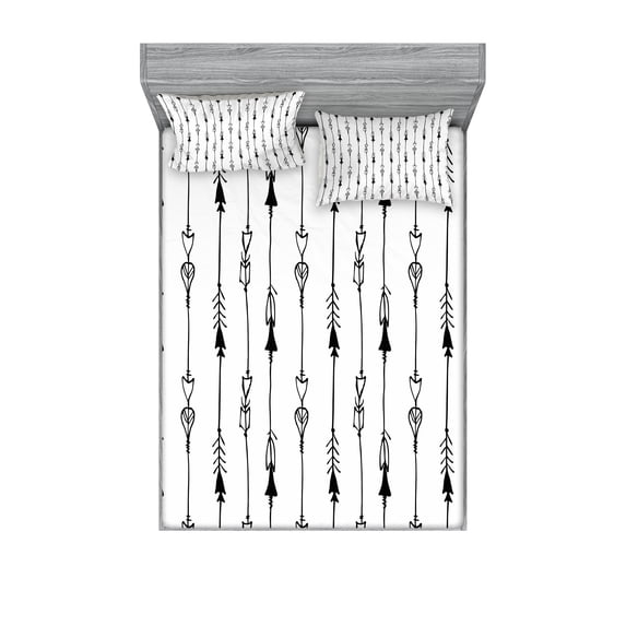 Ambesonne Black White Fitted Sheet & Pillow Sham Set, Tribe Vintage Arrow, Full, Black and White