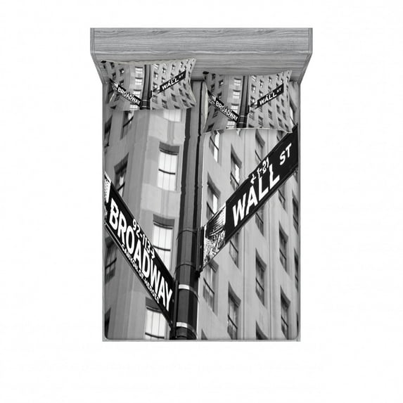 Ambesonne Black White Fitted Sheet & Pillow Sham Set, Wall Street NYC Photo, Full, White and Black