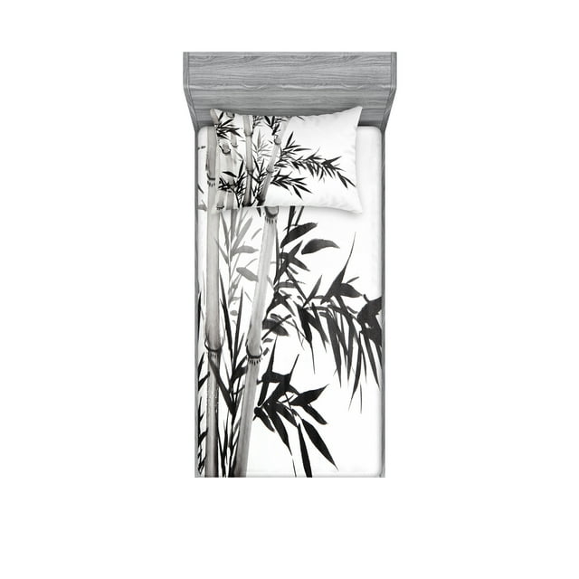 Ambesonne Black White Fitted Sheet & Pillow Sham Set, Watercolor Tree Branch, Twin, Charcoal Grey and White