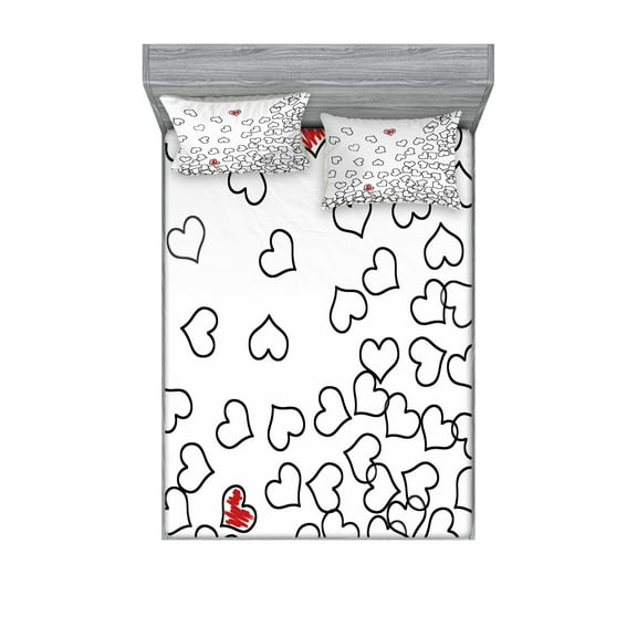 Ambesonne Black White Fitted Sheet & Pillow Sham Set, Wedding Heart Shape, Queen, Black White Red