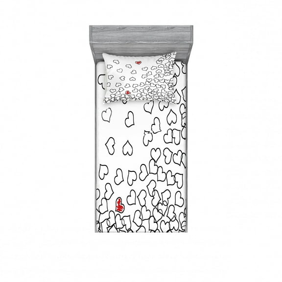 Ambesonne Black White Fitted Sheet & Pillow Sham Set, Wedding Heart Shape, Twinxl, Black White Red