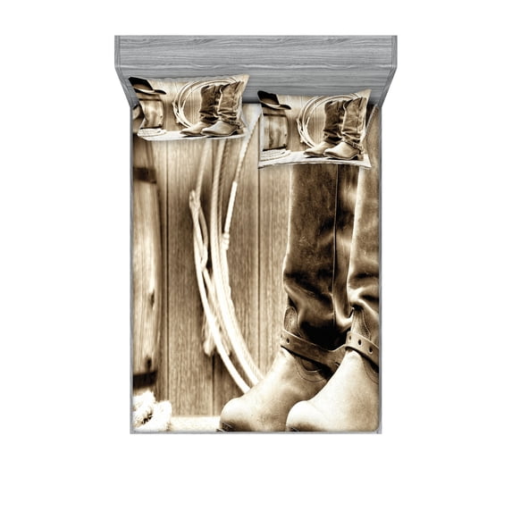 Ambesonne Black White Fitted Sheet & Pillow Sham Set, Wild Vintage Rodeo, Full, Sepia and Beige