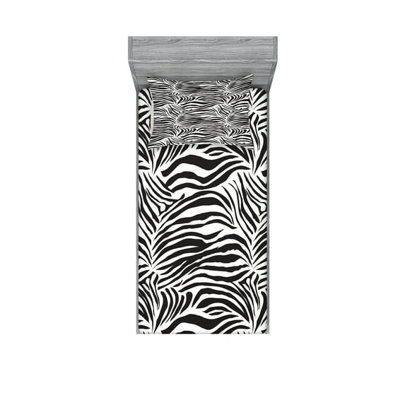 Ambesonne Black White Fitted Sheet & Pillow Sham Set, Wild Zebra Lines, Twin, Black White