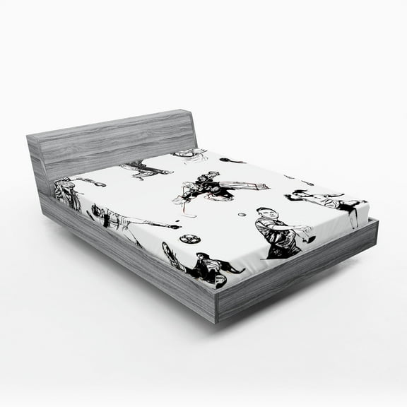Ambesonne Black White Fitted Sheet, Sports Theme Sketch, Full Size, Black White
