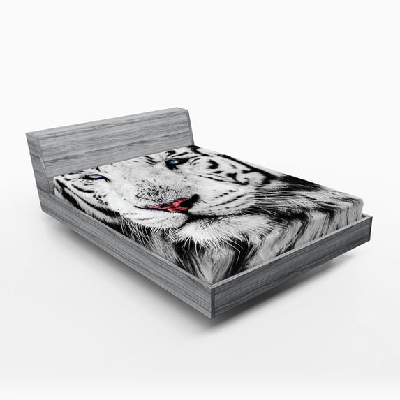 Ambesonne Black White Fitted Sheet, Winter White Tiger, Queen Size, White Black and Grey