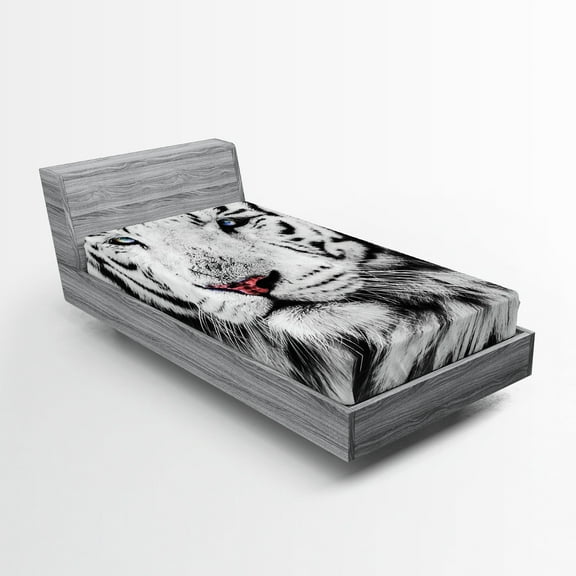 Ambesonne Black White Fitted Sheet, Winter White Tiger, Twin Size, White Black and Grey