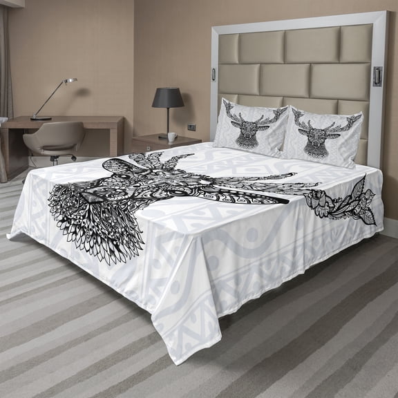 Ambesonne Black White Fitted & Top Sheet Set with Shams, Bohem Deer, Black White