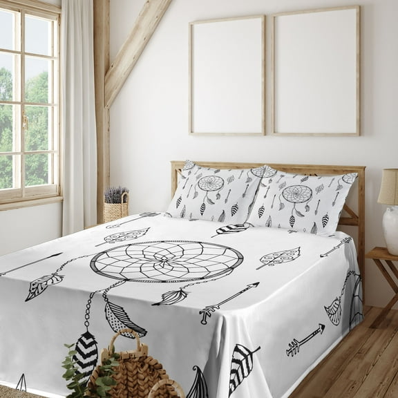 Ambesonne Black White Fitted & Top Sheet Set with Shams, Folk Feathers Arrow, Black White