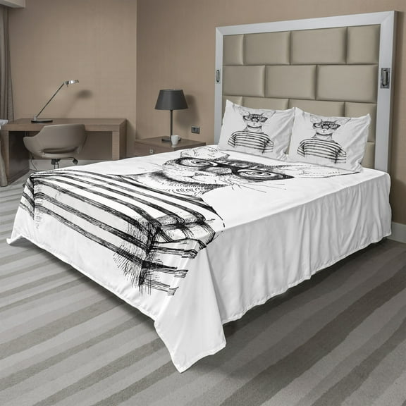 Ambesonne Black White Fitted & Top Sheet Set with Shams, Hipster New Age Cat, Black White