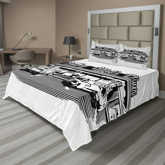 Ambesonne Black White Fitted & Top Sheet Set with Shams, Nostalgic Retro Car, Black White