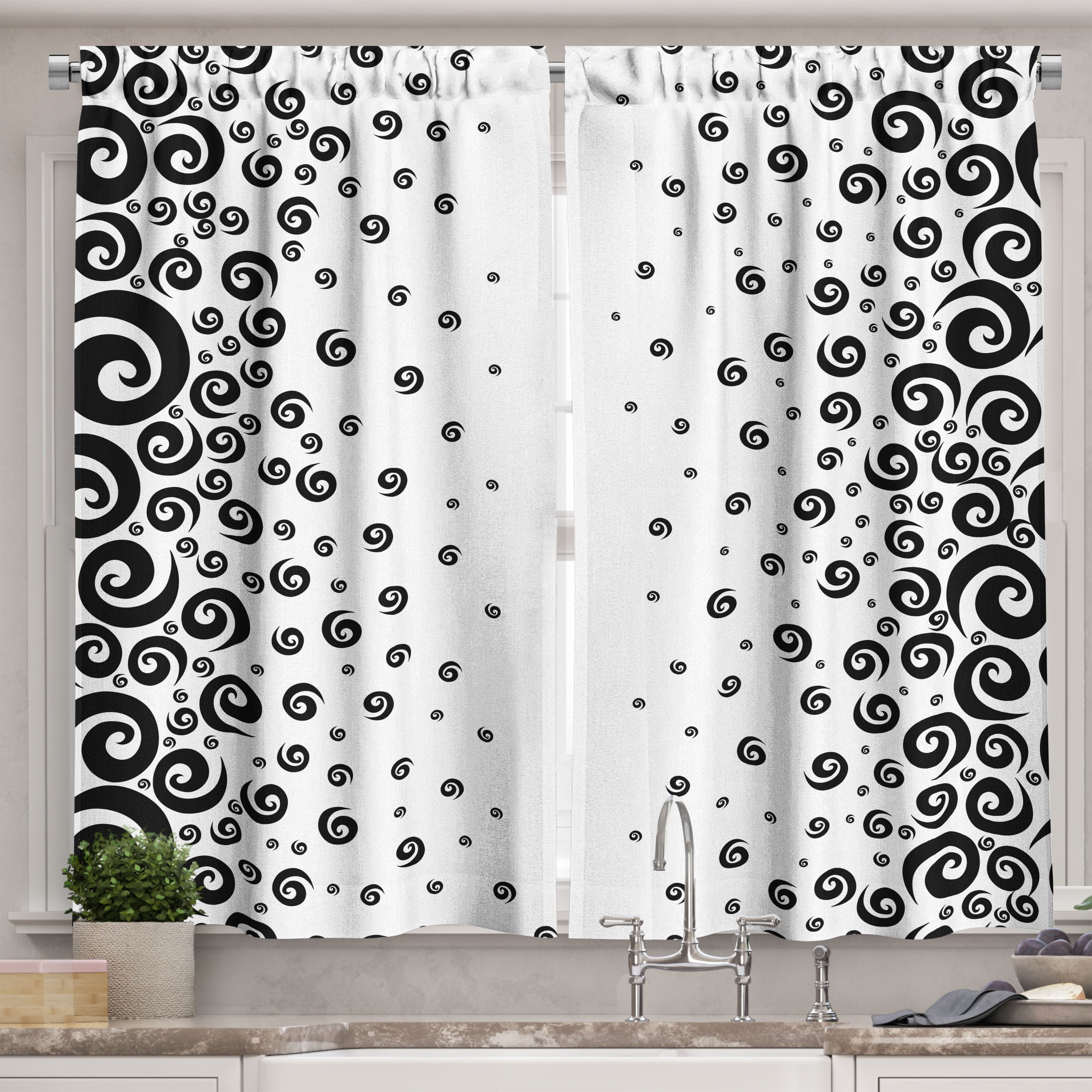 Ambesonne Black White Kitchen Curtains, Monochrome Curly Spiral, 55"x39