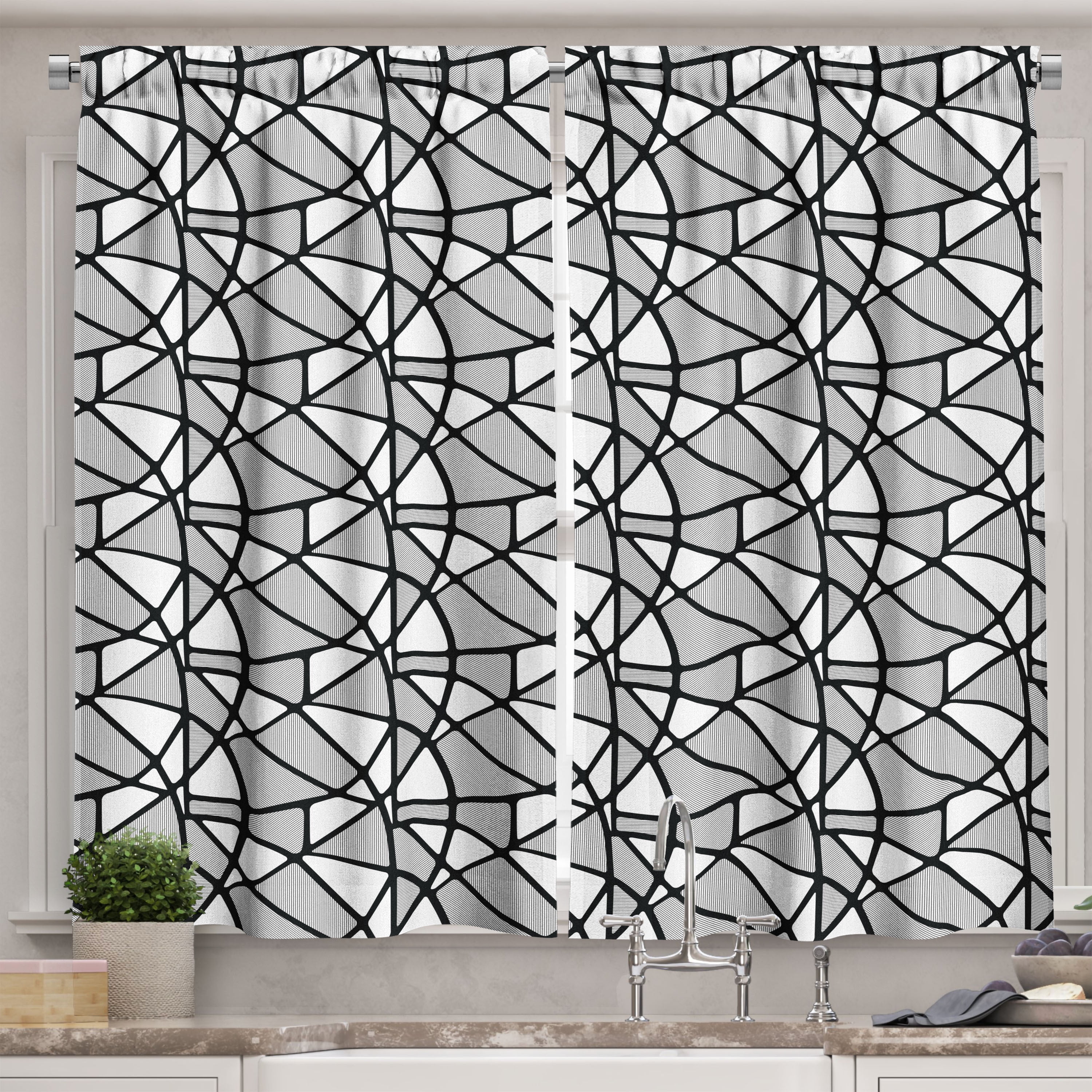 Ambesonne Black White Kitchen Curtains, Thick Thin Lines Tile, 55"x39