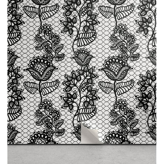 Ambesonne Black White Peel & Stick Wallpaper for Home, Lace Style Floral, 13"x100", Black White