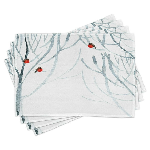 Ambesonne Black White Place Mats Set of 8, Woods Bullfinches, Placemat 8 pcs, Pale Grey White
