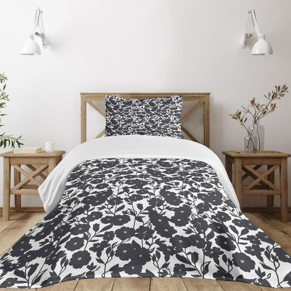 Ambesonne Black White Quilted Bedspread Set 2 Pcs, Gardening Flowers, Twin Size, Dark Navy Blue White