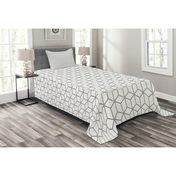 Ambesonne Black White Quilted Bedspread Set 2 Pcs, Geometric Square Shape, Twin Size, White Black