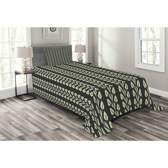 Ambesonne Black White Quilted Bedspread Set 2 Pcs, Vertical Wavy Leaf, Twin Size, Black and White