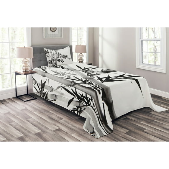 Ambesonne Black White Quilted Bedspread Set 2 Pcs, Watercolor Tree Branch, Twin Size, Charcoal Grey and White