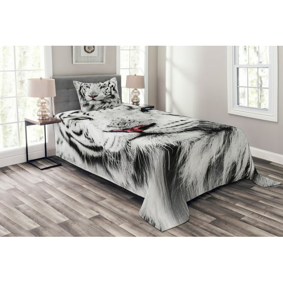 Ambesonne Black White Quilted Bedspread Set 2 Pcs, Winter White Tiger, Twin Size, White Black and Grey