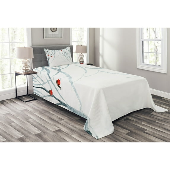 Ambesonne Black White Quilted Bedspread Set 2 Pcs, Woods Bullfinches, Twin Size, Pale Grey White