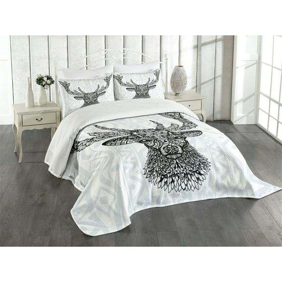 Ambesonne Black White Quilted Bedspread Set 3 Pcs, Bohem Deer, King Size, Black White