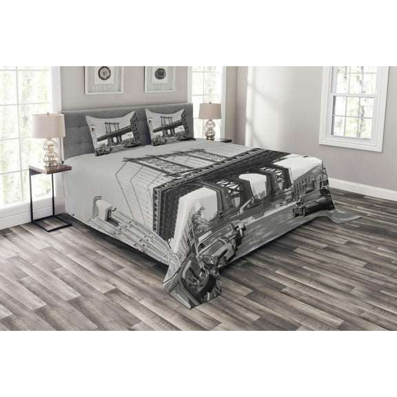 Ambesonne Black White Quilted Bedspread Set 3 Pcs, Brooklyn New York, Queen Size, Charcoal Grey White