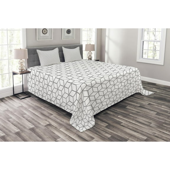 Ambesonne Black White Quilted Bedspread Set 3 Pcs, Geometric Square Shape, Queen Size, White Black