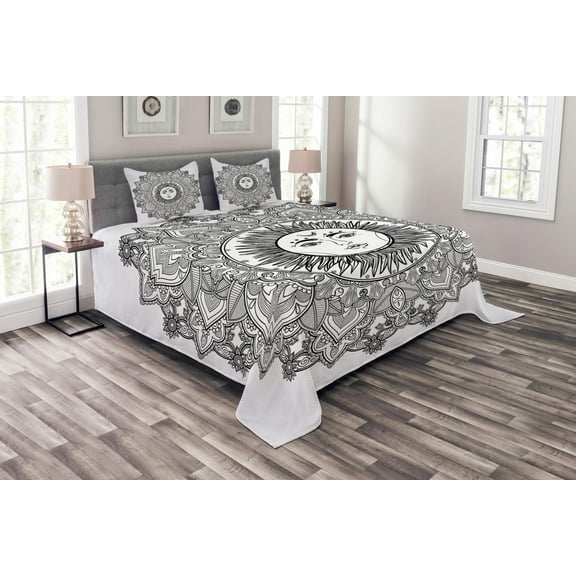 Ambesonne Black White Quilted Bedspread Set 3 Pcs, Mandala Boho Floral, King Size, White and Black
