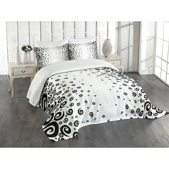 Ambesonne Black White Quilted Bedspread Set 3 Pcs, Monochrome Curly Spiral, King Size, Black and White