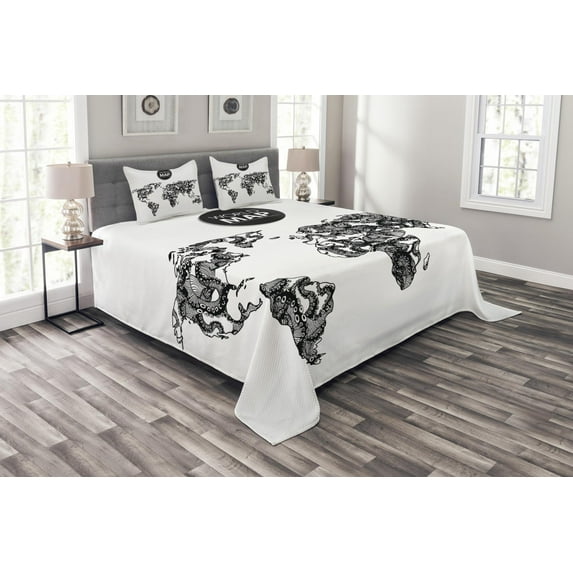Ambesonne Black White Quilted Bedspread Set 3 Pcs, Octopus World Map, Queen Size, Black White