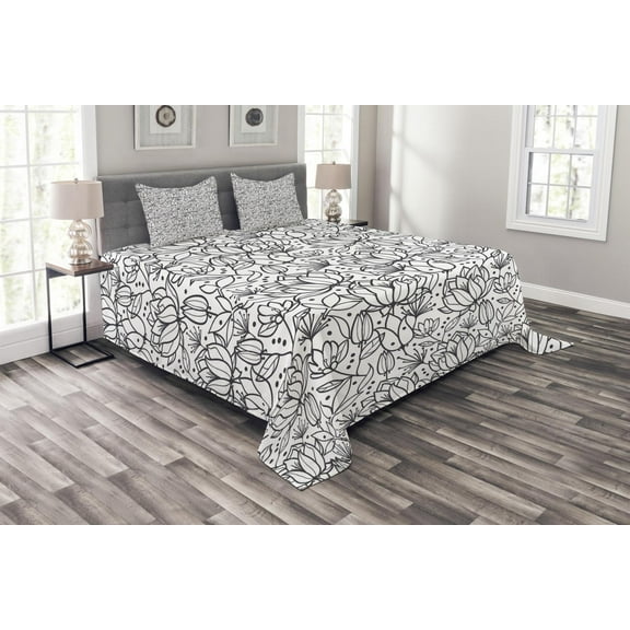 Ambesonne Black White Quilted Bedspread Set 3 Pcs, Orchid Flowers Leaf, Queen Size, Charcoal Grey White