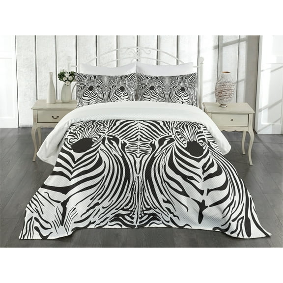 Ambesonne Black White Quilted Bedspread Set 3 Pcs, Savannah Zebra Stripe, King Size, Black White