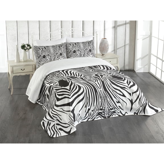 Ambesonne Black White Quilted Bedspread Set 3 Pcs, Savannah Zebra Stripe, Queen Size, Black White
