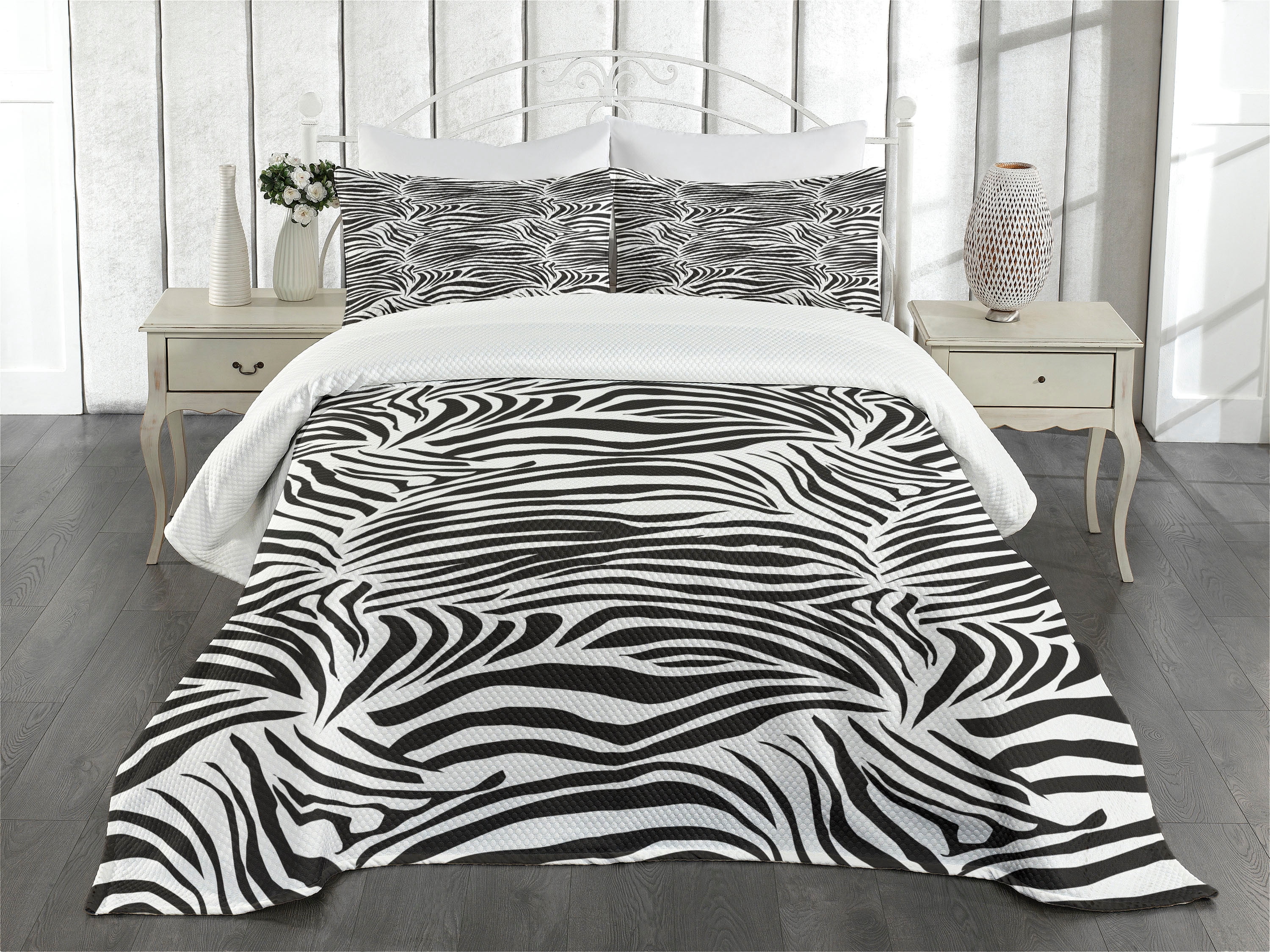 Ambesonne Zebra Lines Quilted Bedspread Set, 3 Pcs, Queen Size, Black ...