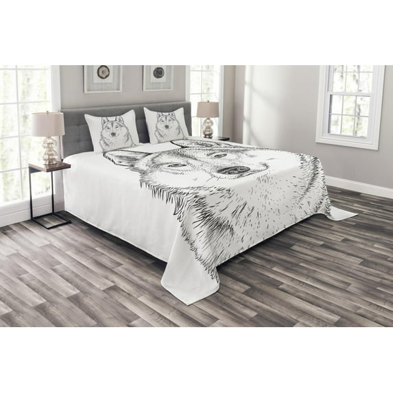 Ambesonne Black White Quilted Bedspread Set 3 Pcs, Woods Animal Wolf, Queen Size, Black and White