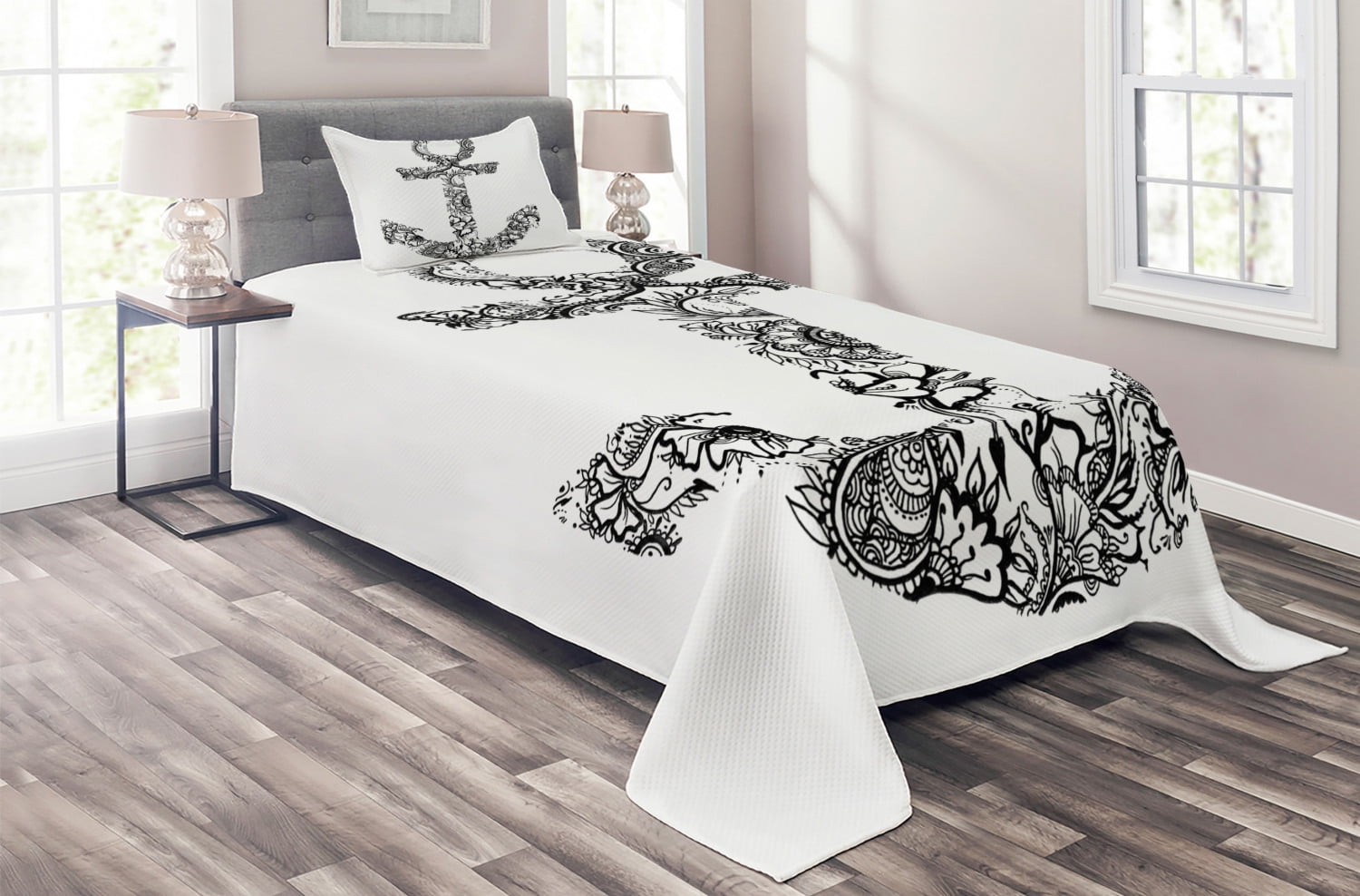 White and Black Twin Quilted Bedspread Set with Anchor Design