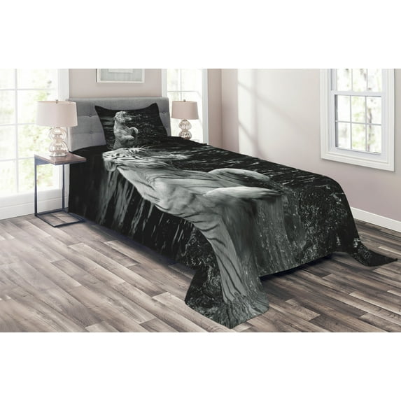 Ambesonne Black White Quilted Coverlet 2 Pcs, Exotic White Tiger, Twin Size, Charcoal Grey Pale Grey