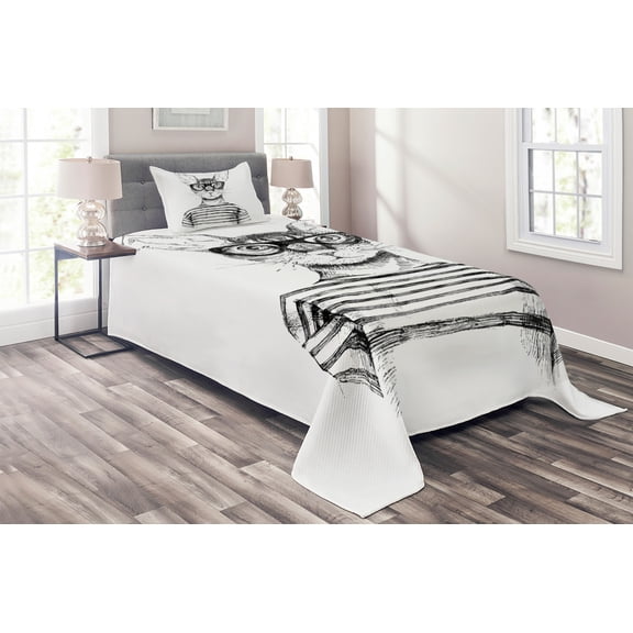 Ambesonne Black White Quilted Coverlet 2 Pcs, Hipster New Age Cat, Twin Size, Black White
