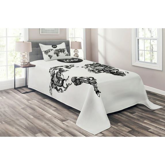 Ambesonne Black White Quilted Coverlet 2 Pcs, Octopus World Map, Twin Size, Black White