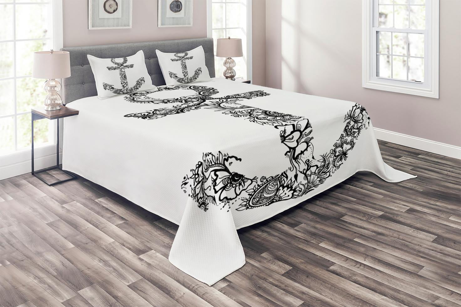 White Quilted Queen Bedspread Set with Anchor Design