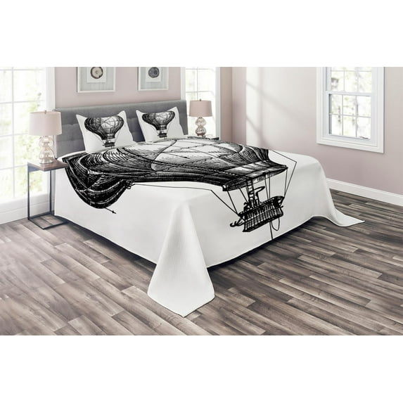 Ambesonne Black White Quilted Coverlet 3 Pcs, Balloon in the Sky, King Size, Black White