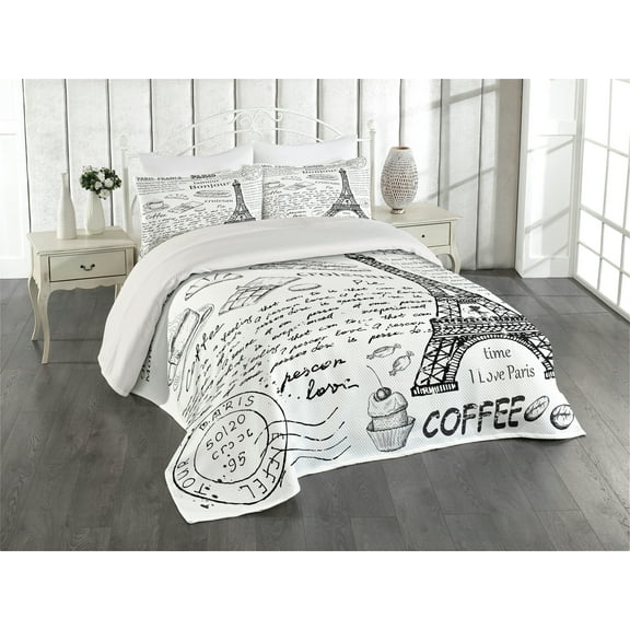 Ambesonne Black White Quilted Coverlet 3 Pcs, Bonjour Croissan Coffee, King Size, Black White